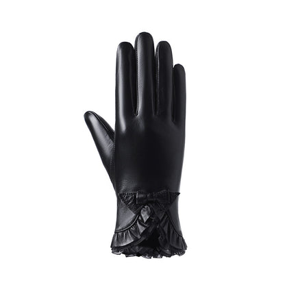 Black Lambskin Ruffle lined Bow  Gloves By Enchanted Bounding™