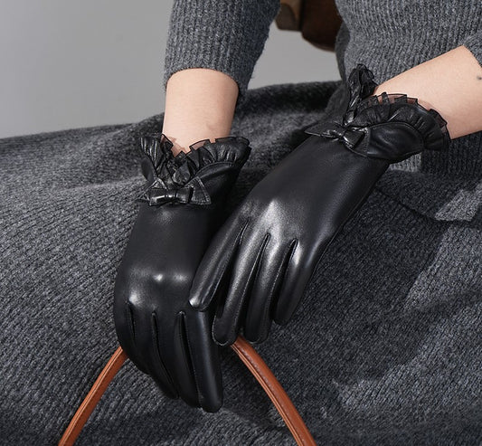 Black Lambskin Ruffle lined Bow  Gloves By Enchanted Bounding™