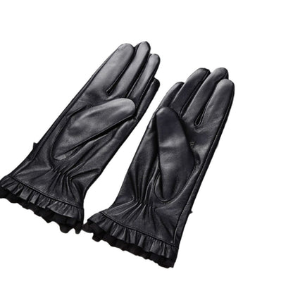 Black Lambskin Ruffle lined Bow  Gloves By Enchanted Bounding™