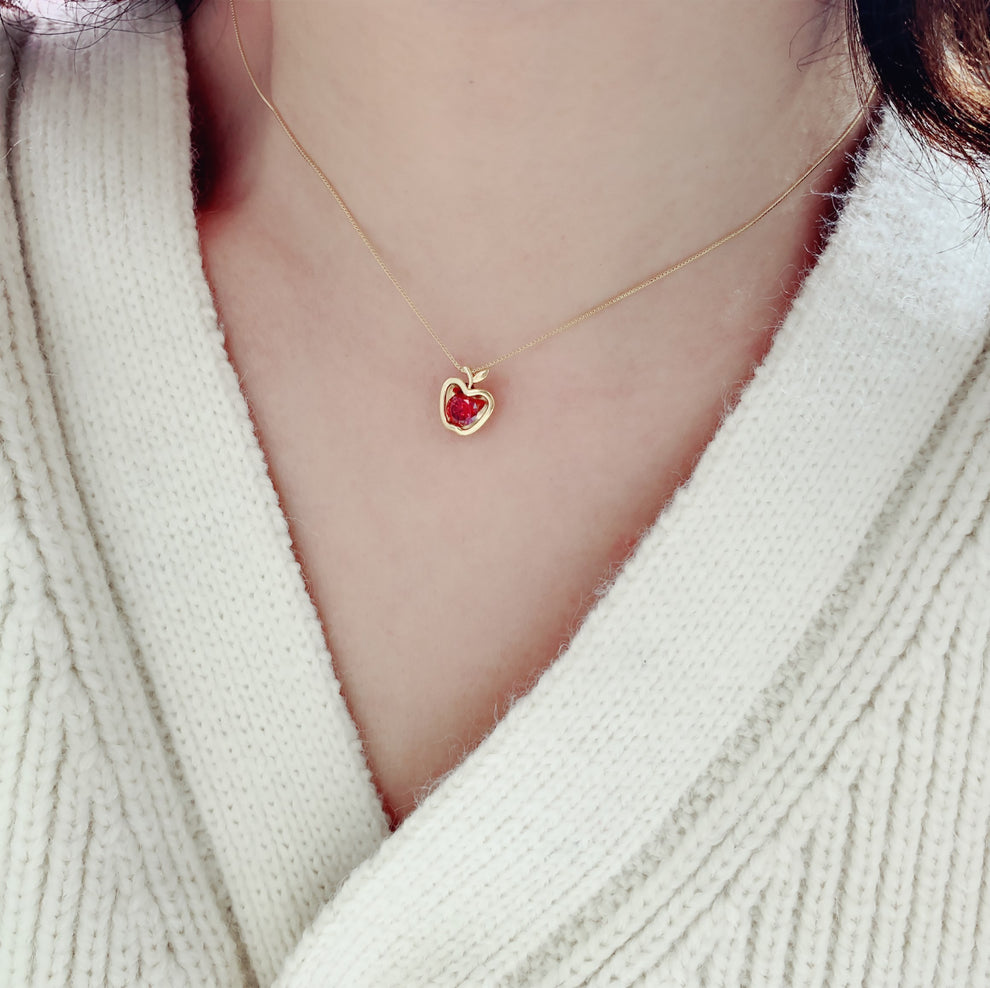 14K Gold Plated Red Apple Red Zircon Gemstone Double-Sided Pendant Necklace - Enchanted Bounding™ 