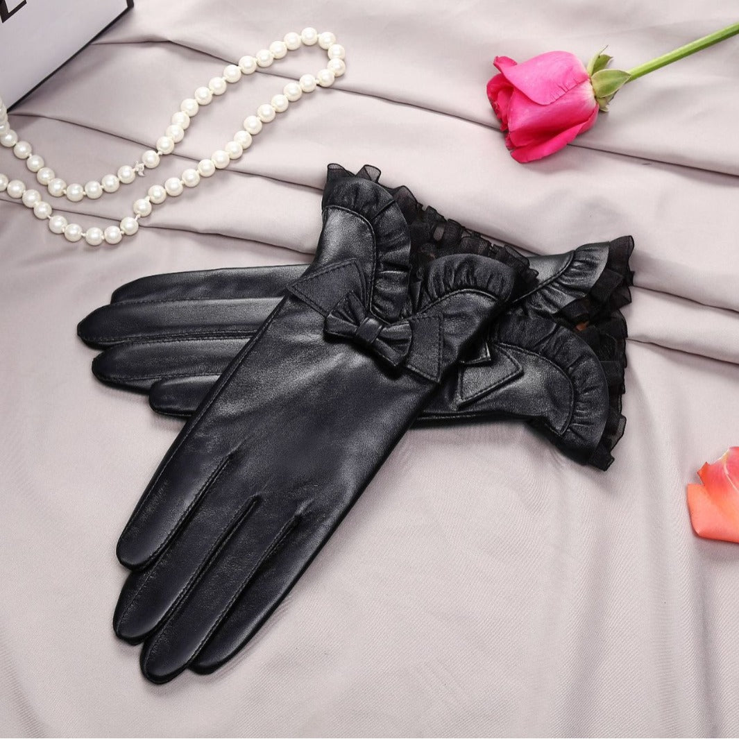 Black Lambskin Ruffle lined Bow  Gloves By Enchanted Bounding™